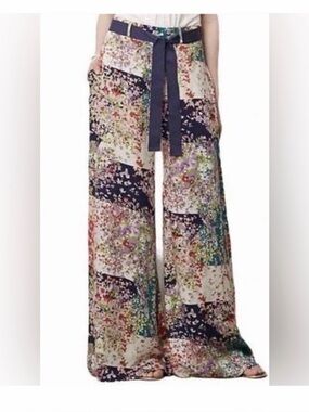 elevenses Navy Floral Wide Leg Pants with Teal & White Panels